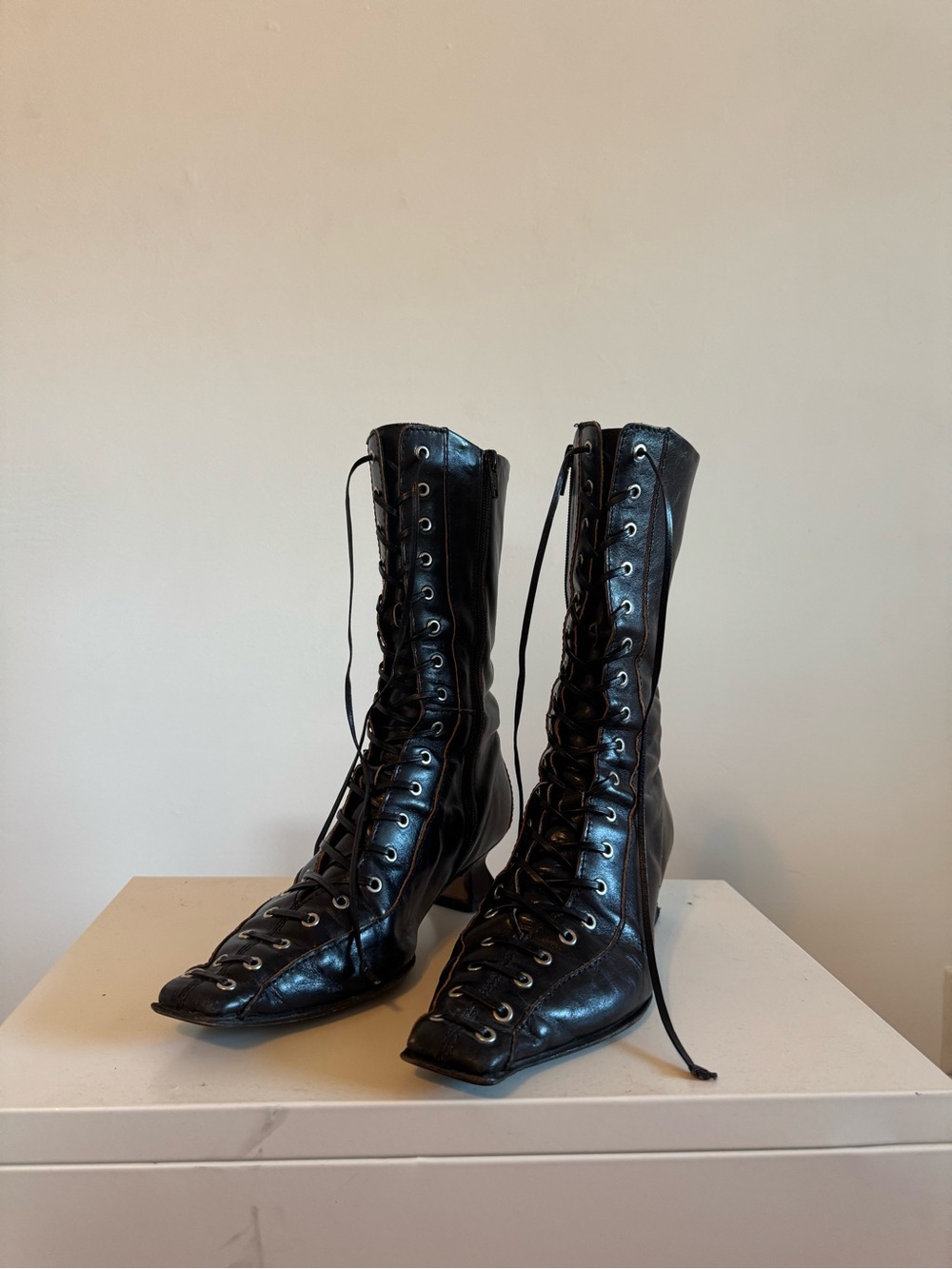 Miista Emile Black Leather Grommet Lace-Up Women's Boots 38